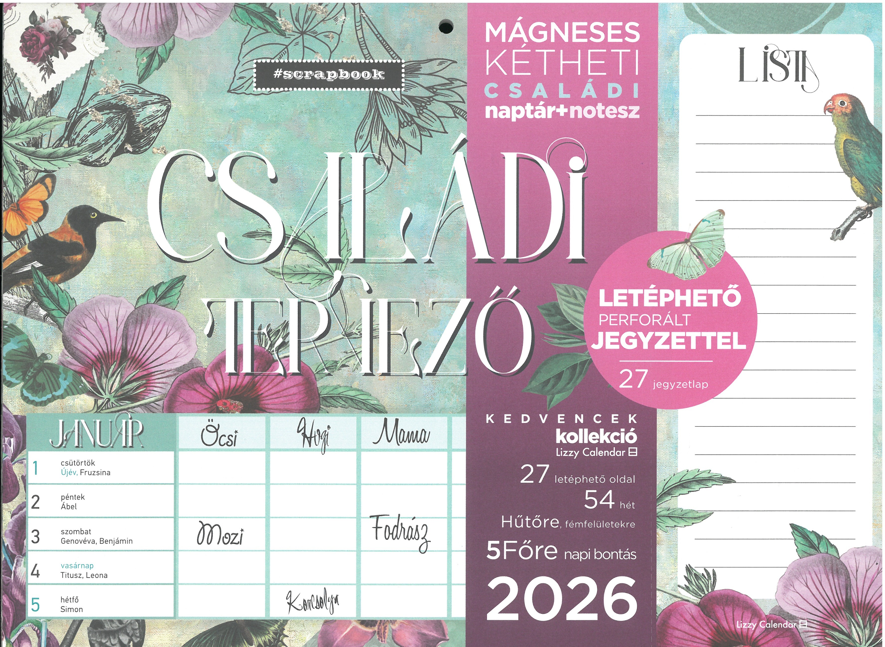 2026 Mágneses naptár 2 heti jegyzettömbbel